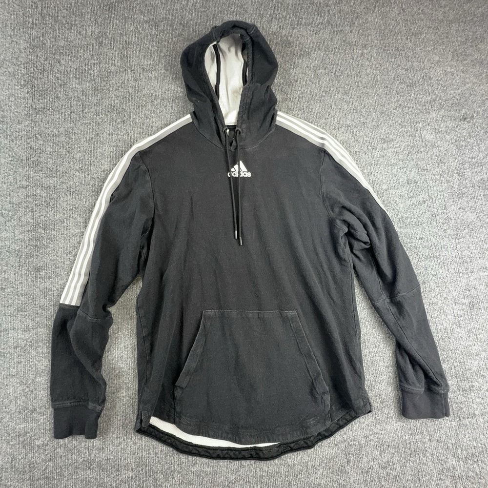 Adidas Hoodie Mens Large Black 3 Stripes Logo Pullover Kangaroo Pocket Athletic